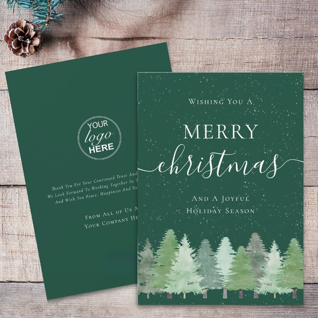 Modern Woodland Snow Business Logo Christmas Holiday Card (Modern watercolor woodland snow green and white merry christmas company logo business holiday card)
