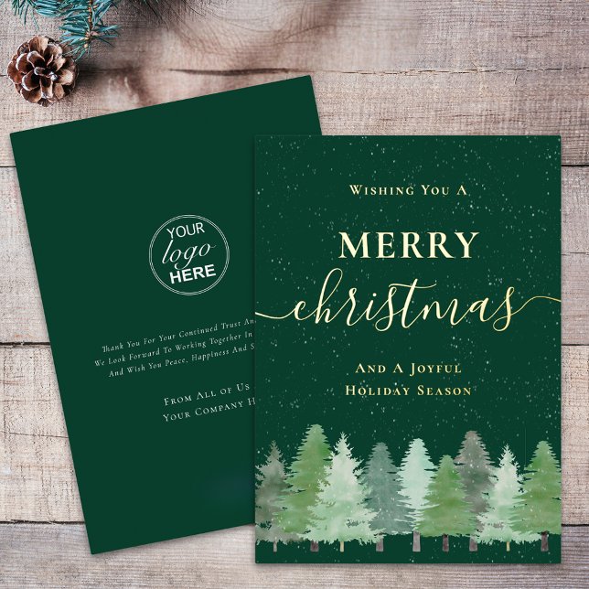 Modern Woodland Snow Christmas Business Logo Gold (Modern watercolor woodland snow scene business logo christmas green and gold foil holiday card)