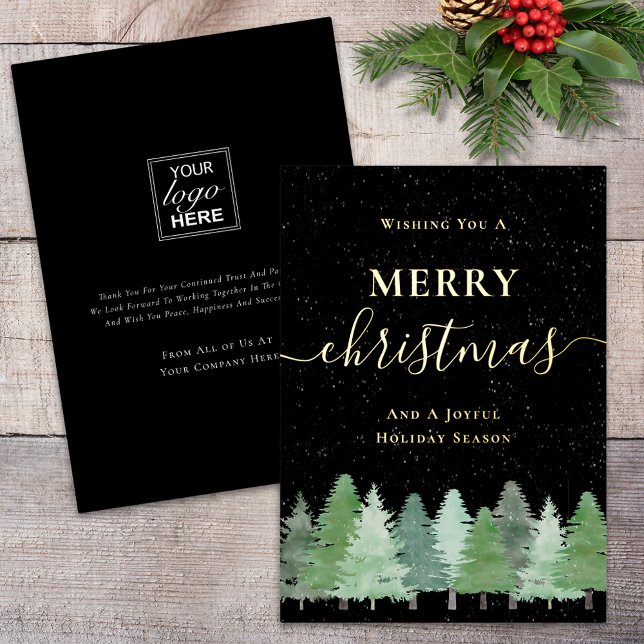 Modern Woodland Snow Company Logo Black and Gold (Modern woodland snow merry Christmas company logo black and gold foil holiday card elegant script)