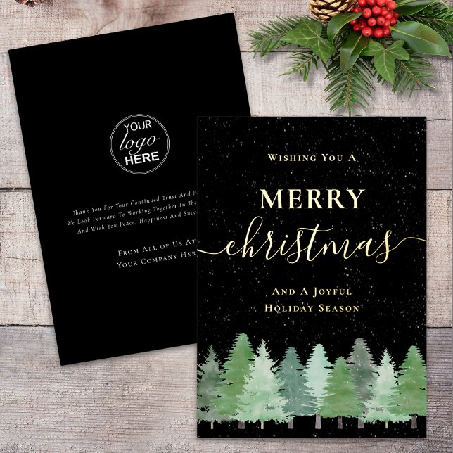 Modern Woodland Snow Company Logo Black & Gold (Modern woodland snow merry Christmas company logo black and elegant script gold foil holiday card)