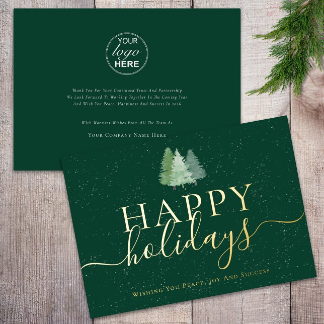Modern Woodland Snow Happy Holidays Business Logo  (Modern happy holidays snowy woodland fir trees business logo christmas green and gold foil card)