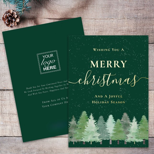 Modern Woodland Snow Your Company Logo Green Gold (Modern elegant script woodland snow company logo happy holidays red and gold foil greetings card)