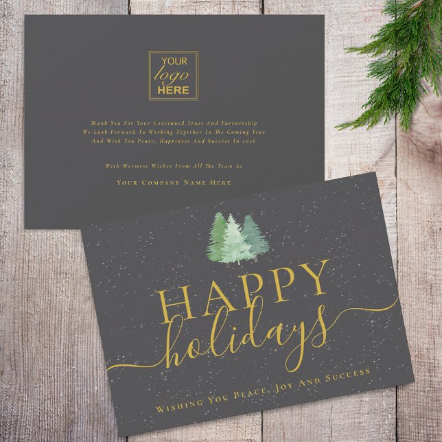 Modern Woodland Snow Your Logo Gray Gold Business Holiday Card (Modern christmas woodland snow happy holidays business logo gold and gray holiday card)