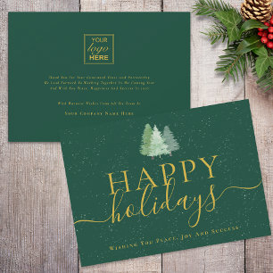Modern Woodland Snow Your Logo Green Gold Business Holiday Card