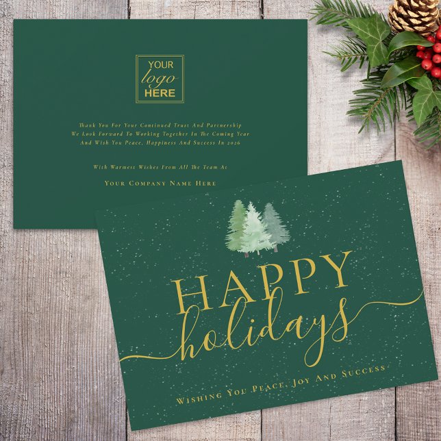 Modern Woodland Snow Your Logo Green Gold Business Holiday Card (Modern woodland snow happy holidays your business gold and gray holiday card)