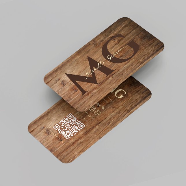 Modern Woodworking Monogram Teak Wood Initials QR Business Card (Modern Woodworking Monogram Rustic Teak Wood Initials QR Business Card
)