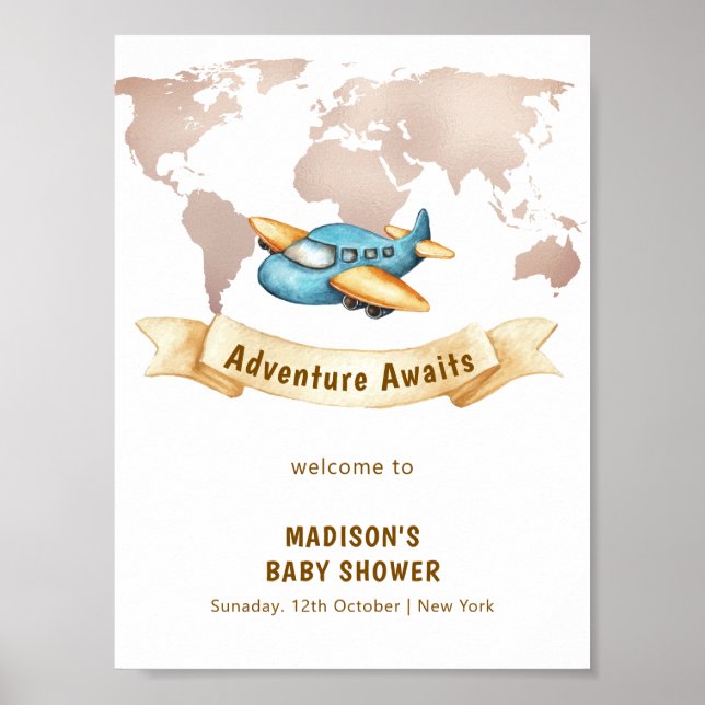 Modern World Map Airplane Boy Baby Shower Welcome Poster (Front)