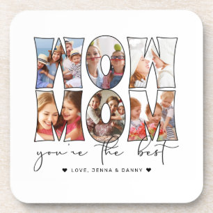 Modern Wow Mum Quote 6 Photo Collage White Coaster