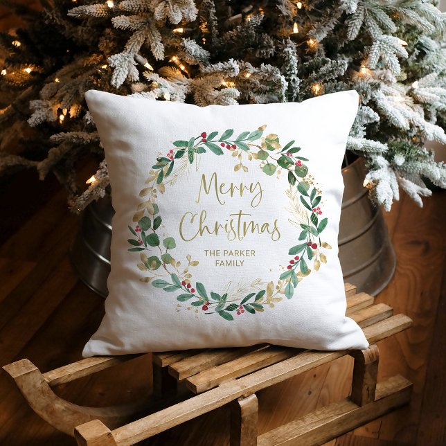 Modern Wreath and Gold Script | Merry Christmas Cushion (An elegant Christmas pillow with a festive wreath and gold script)