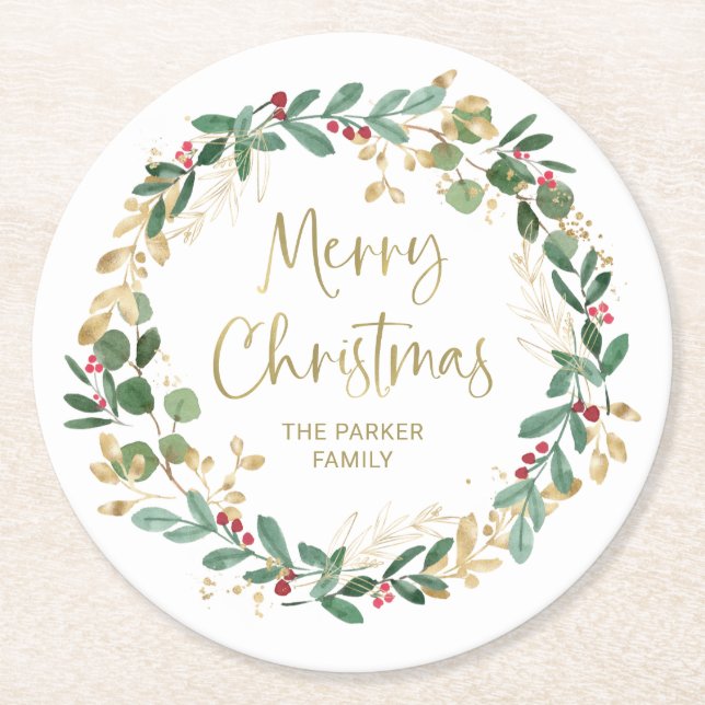 Modern Wreath and Gold Script | Merry Christmas Round Paper Coaster (Front)