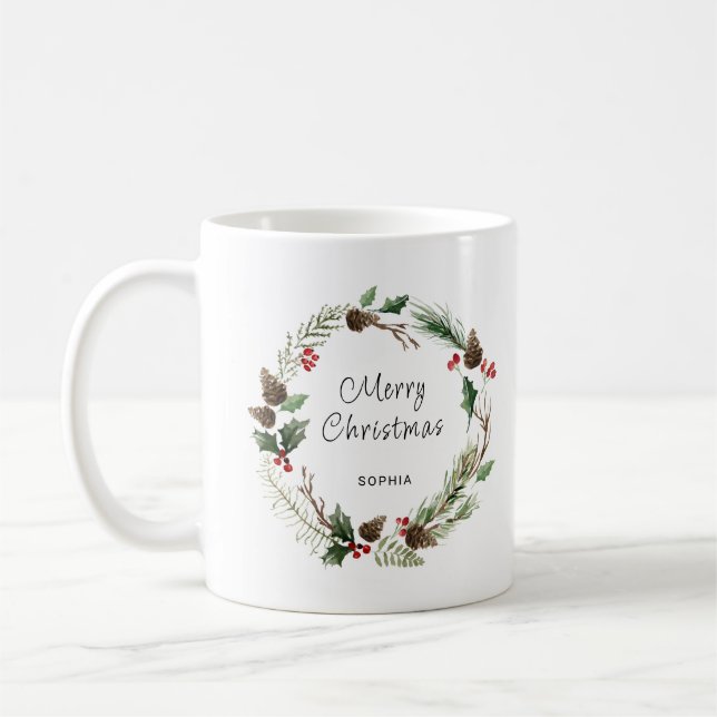Modern Wreath and Merry Christmas Personalised  Coffee Mug (Left)