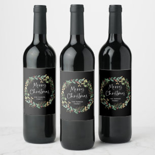 Modern Wreath and Script   Merry Christmas Black Wine Label