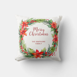 Modern Wreath and Script Merry Christmas Cushion