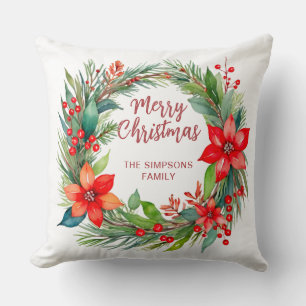 Modern Wreath and Script Merry Christmas Cushion
