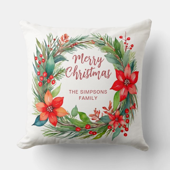 Modern Wreath and Script | Merry Christmas Cushion (Front)