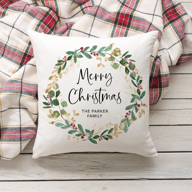 Modern Wreath and Script | Merry Christmas Cushion (Creator Uploaded)