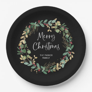 Modern Wreath and Script   Merry Christmas Paper Plate