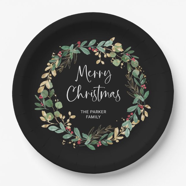 Modern Wreath and Script | Merry Christmas Paper Plate (Front)