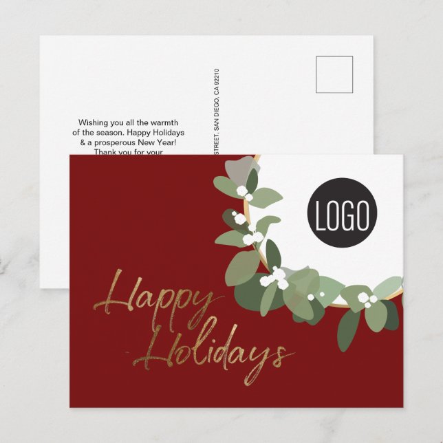 Modern Wreath Company logo Happy Holidays Red Holiday Postcard (Front/Back)