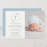 Modern Wreath Gold Cross Baby baptism Photo Blue