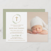 Modern Wreath Gold Cross Baby baptism Photo green