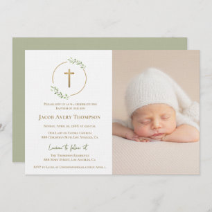 Modern Wreath Gold Cross Baby baptism Photo green Invitation