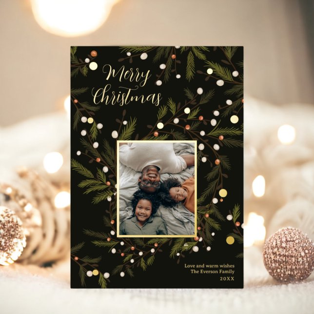 Modern wreath green Christmas family 4 photos (Modern wreath green Christmas family 4 photos Foil Holiday Card)