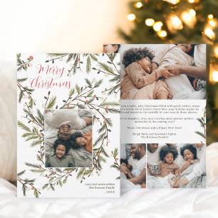 Modern wreath green Christmas family 4 photos Holiday Card