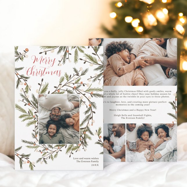 Modern wreath green Christmas family 4 photos Holiday Card (Modern wreath green Christmas family 5 photos Holiday Card)