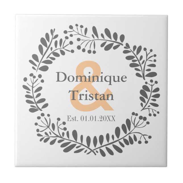 Modern Wreath His and Her Wedding Ceramic Tile (Front)