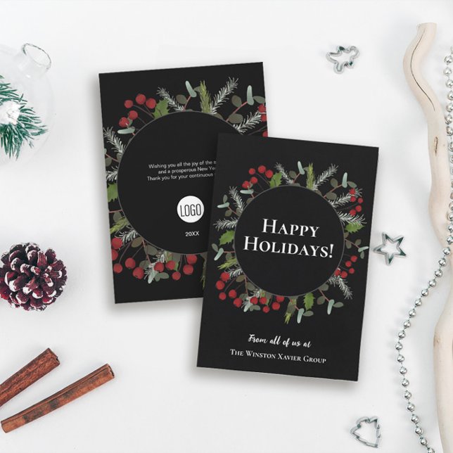 Modern Wreath Holly Corporate with logo  Holiday Card (Black, red, green, modern wreath professional custom logo happy holidays corporate card.)