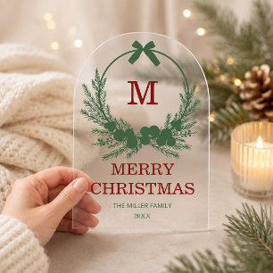 Modern Wreath Monogram Merry Christmas Acrylic Invitations