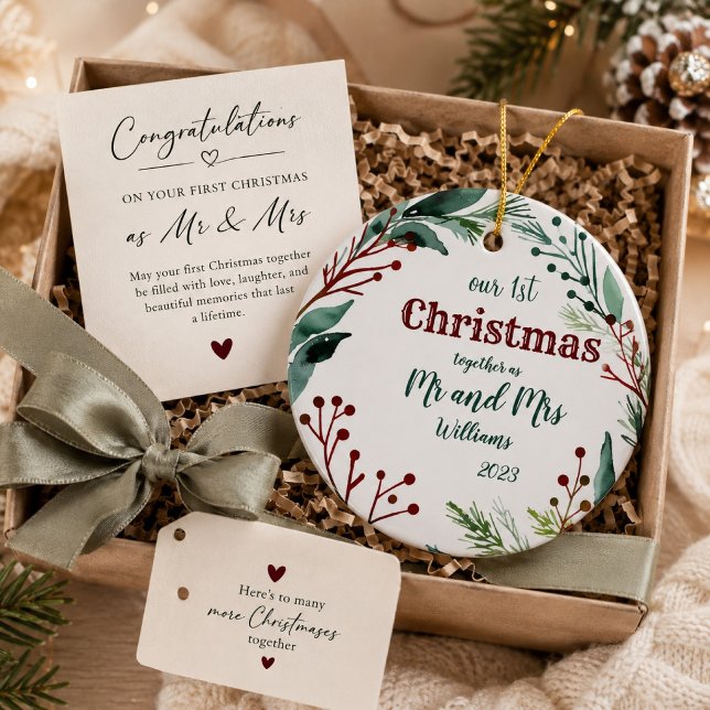 Modern Wreath Our First Christmas as Mr & Mrs Ceramic Tree Decoration (Creator Uploaded)