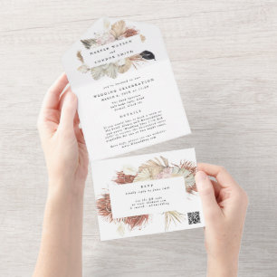 Modern Wreath Pampas Grass QR CODE Wedding All In One Invitation
