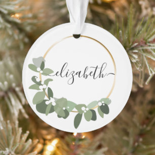 Modern wreath personalised name Christmas Wedding Ornament