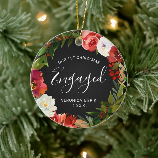 Modern Wreath Photo First Christmas Engaged Ceramic Tree Decoration (Tree)