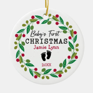 Modern Wreath Red Green Baby's First Christmas Ceramic Tree Decoration