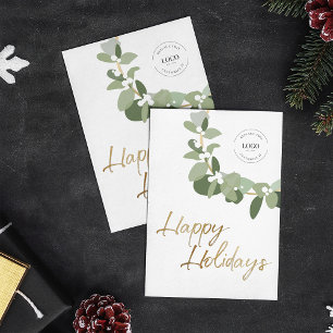 Modern Wreath White on Happy Holidays Your Logo Holiday Card