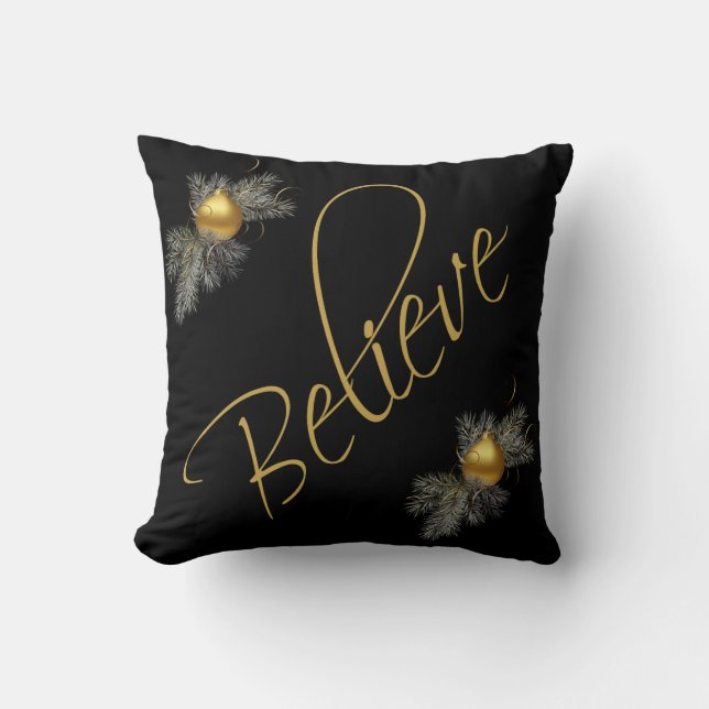 Modern Xmas, Believe (w/ ornaments) gold & black Cushion (Front)