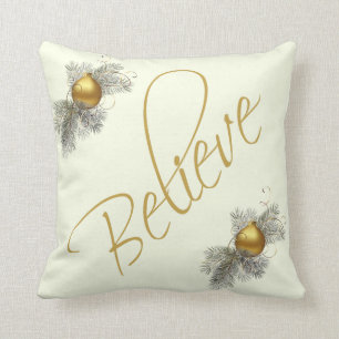 Modern Xmas, Believe (w/ ornaments) gold & cream Cushion