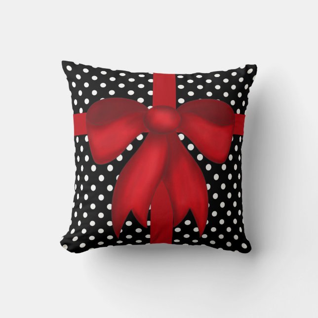Modern Xmas Pillow, B&W Polka Dots w/ Red Bow Cushion (Front)