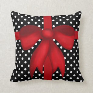 Modern Xmas Pillow, B&W Polka Dots w/ Red Bow Cushion