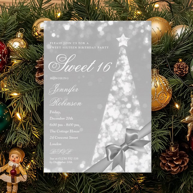 Modern Xmas Tree Ribbon Sweet 16 Birthday Party Invitation (Modern Xmas Tree Ribbon Sweet 16 Birthday Party Invitation)