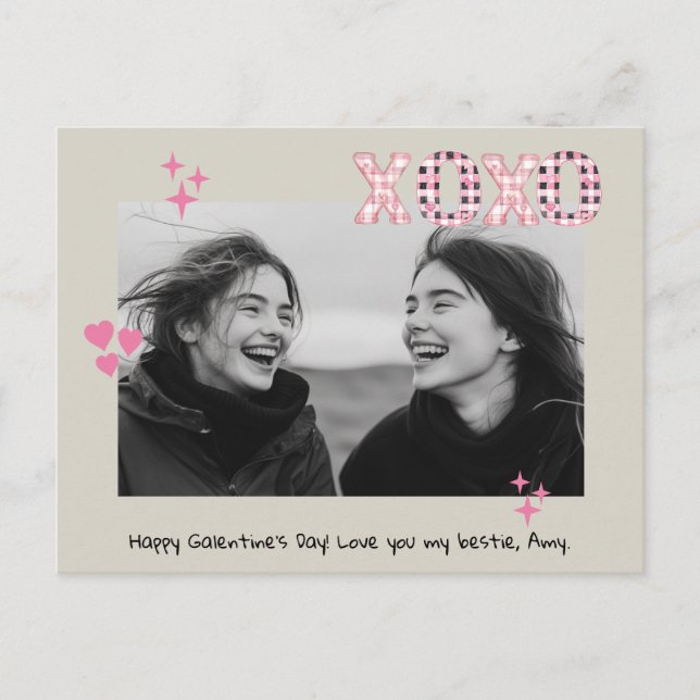 Modern XOXO Galentine's Day Custom Photo & Text Po Postcard (Front)