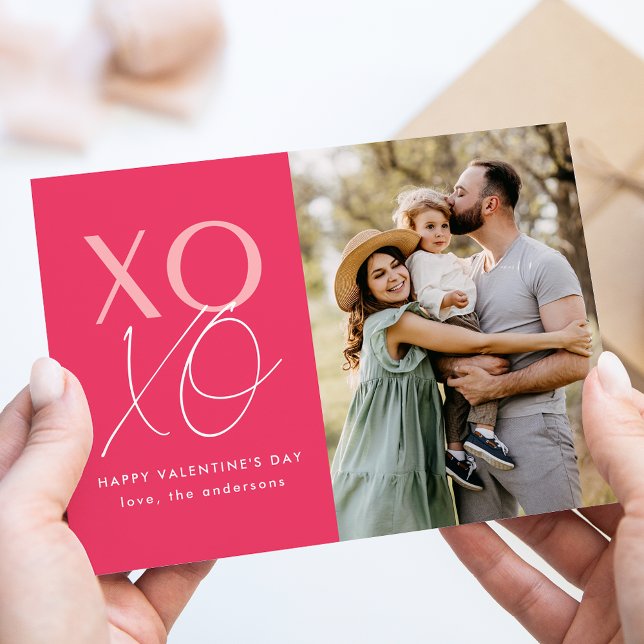 Modern XOXO Hot Pink Valentine's Day Photo Holiday Card (Creator Uploaded)