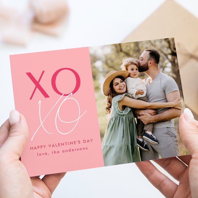 Modern XOXO Pink Valentine's Day Photo Holiday Card (Creator Uploaded)