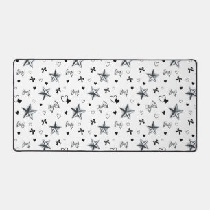 Modern Y2K Coquette Silver Star Ribbon Heart White Desk Mat