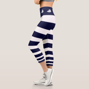 Modern yachts on navy blue and white striped capri leggings