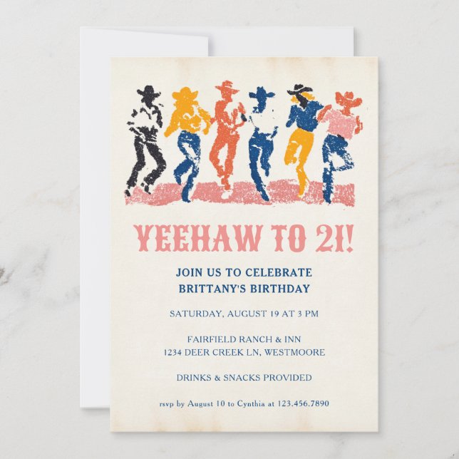 Modern Yeehaw Cowgirl 21st Birthday Party Invitation (Front)