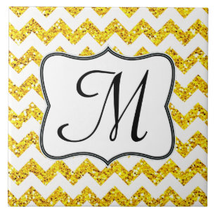 Modern Yello Glitter Chevron Monogram Display Tile